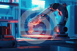 A sleek robotic arm assembling a glowing quantum computer in a sterile, high tech lab