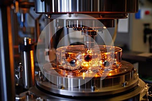 A sleek robotic arm assembling a glowing quantum computer in a sterile, high tech lab