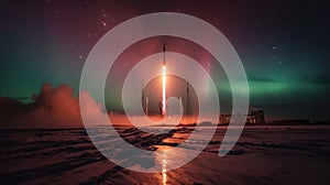 Sleek rocket launch against aurora borealis, 2100s skyline silhouette, lowangle, dusk light , photographic style