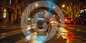 A sleek self-driving car drives autonomously through a city street at night, with its lights illuminating the road ahead