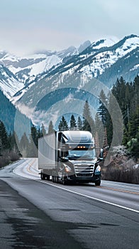 A sleek semi truck travels on a curvy road amidst a snowy mountain landscape with misty clouds in the distance.