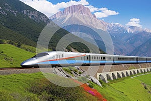 A sleek, silver bullet train speeding through a vibrant, technicolor landscape.