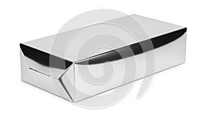 A sleek silver rectangular product package isolated on a white background isolated on white background