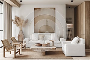 Sleek Simplicity: Modern Living Room Design with White Sofa and Complementary Armchairs. Generative AI