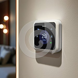 A sleek, smart thermostat is mounted on a wall. The device features a modern black-