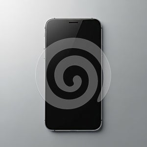 A sleek smartphone with a black screen is centrally positioned against a light gray