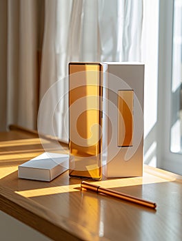 Sleek smartphone with reflective gold finish displayed beside its packaging in a sunlit room.