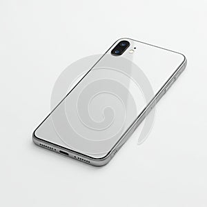 A sleek smartphone on a white surface, viewed from the back. It features a dual-