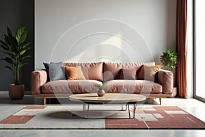 Sleek sofa, geometric rug, minimalist coffee table, apartment, neutral