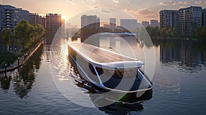 A sleek solarpowered biofuel ferry gliding across a river in a smart city connecting different communities while also