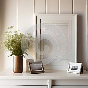 Sleek Sophistication: Modern White Living Room Adorned with Chic Photo Frames