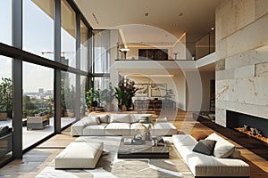 Sleek and spacious open-plan living area with floor-to-ceiling windows