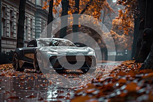 Sleek Sports Car on a Rainy Autumn Street