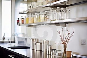 sleek stainless steel kitchen shelves stocked with spice bottles