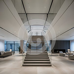 Sleek staircase, minimalist design, elegant and spacious interior with bright lighting