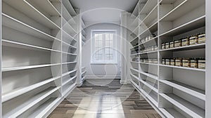 Sleek Storage - Empty pantry interior with white shelves and dark wood floor