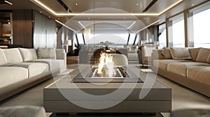 The sleek and streamlined fireplace fits seamlessly into the sophisticated design of the yachts lounge. 2d flat cartoon photo