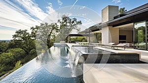 This sleek and stylish home features a unique water feature with a modern infinity pool that seamlessly blends into the
