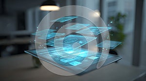 Futuristic interface on digital tablet showcasing advanced technology and virtual reality display design
