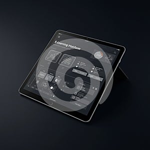 A sleek tablet positioned at an angle displaying an e-learning platform interface. The