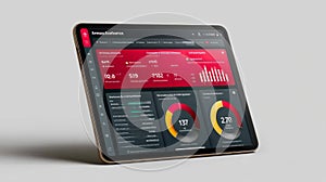 Modern Tablet Displaying Data Analytics Dashboard with Colorful Graphs and Metrics