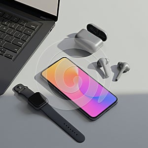 A sleek tech setup features a laptop, a gradient-display smartphone, a smart watch