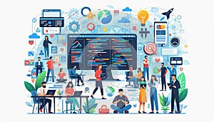 Tech Startup and App Development Flat Vector