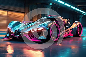 A sleek, technologically advanced vehicle parked inside a modern parking garage, xpensive modern futuristic sports car racing, AI