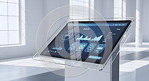 Advanced Interface: Modern Data Display on Transparent Digital Touch Screen Stand