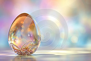 A sleek, ultra-modern Easter card featuring a amazing, glass-like Easter egg on a simple, bright, blurred background photo