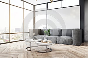 Sleek urban living room featuring a gray sectional sofa, modern circular tables, and a panoramic view of the city skyline.