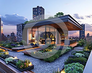 Sleek urban rooftop garden with modular planters outdoor kitchen