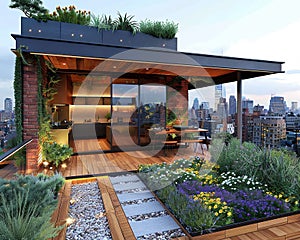 Sleek urban rooftop garden with modular planters outdoor kitchen