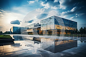 Sleek and vast, the modern office building commands attention with its contemporary grandeur.