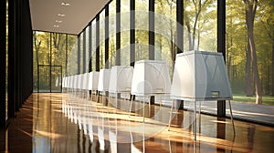 Sleek voting booths in a modern facility with floor-to-ceiling windows overlooking a forest. Concept of elections