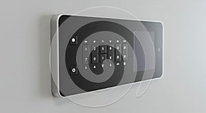 Sleek wall-mounted keypad access panel with a black interface, featuring numeric