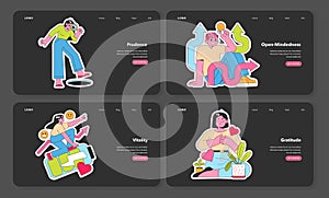 Sleek web designs displaying Character Strengths. Vector illustration.