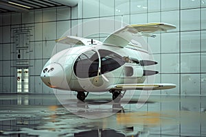 Sleek white autonomous flying vehicle in hangar photo