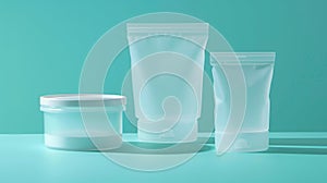 Sleek White Cosmetic Tubes and Jars on Teal Background photo