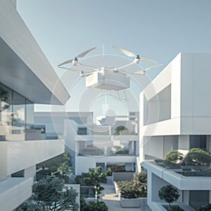 A sleek white delivery drone hovers gracefully above a backdrop of modern luxury apartments, symbolizing futuristic