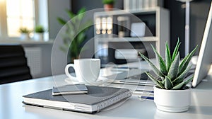 Sleek white desk decor with potted plant, coffee cup, and organized office supplies