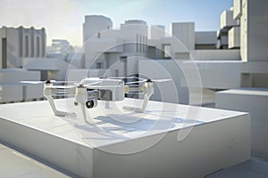 A sleek white drone landed on a white podium amidst a backdrop of urban architecture, epitomizing modernity and photo