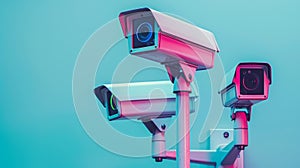 Sleek white security cameras with holographic accents on pastel background for text placement