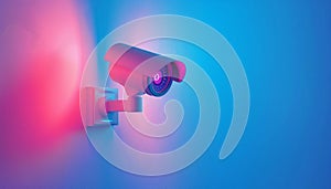 Sleek white security cameras with holographic accents on pastel background for text placement