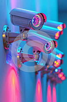 Sleek white security cameras with holographic accents on pastel background for text placement