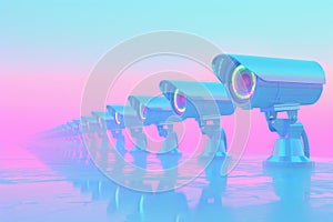 Sleek white security cameras with holographic details on pastel background for text placement