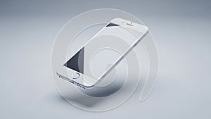 Sleek White Smartphone Floating in Mid- Air Against a Smooth Light Grey Studio Background