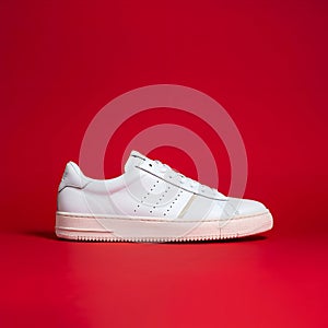 AI Generated Image White Sneaker with Light Pink Sole on Red Surface photo