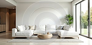Sleek white sofa in bright open plan living room, house, design