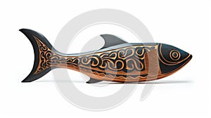 Sleek Wood Carving Of A Fish With Black Designs